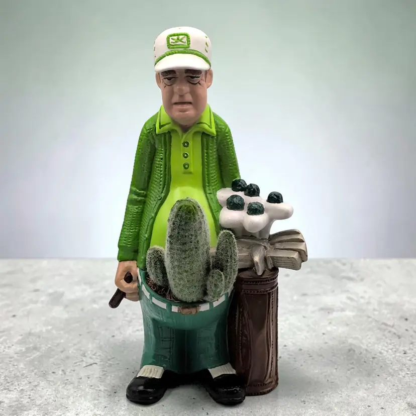 Golfer With Golf Bag & Club Faux Succulent Cactus Plant Whimsical Goofy Figurine