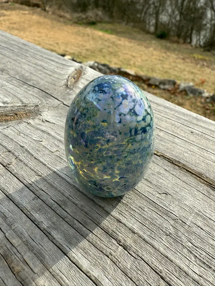 06 Nymburk Czech Art Glass Iridescent Egg - Blue & Gold Mottled, Signed