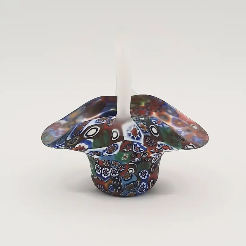 Millefiori Multi-colored Satin Glass Basket w/Clear Satin Glass Handle