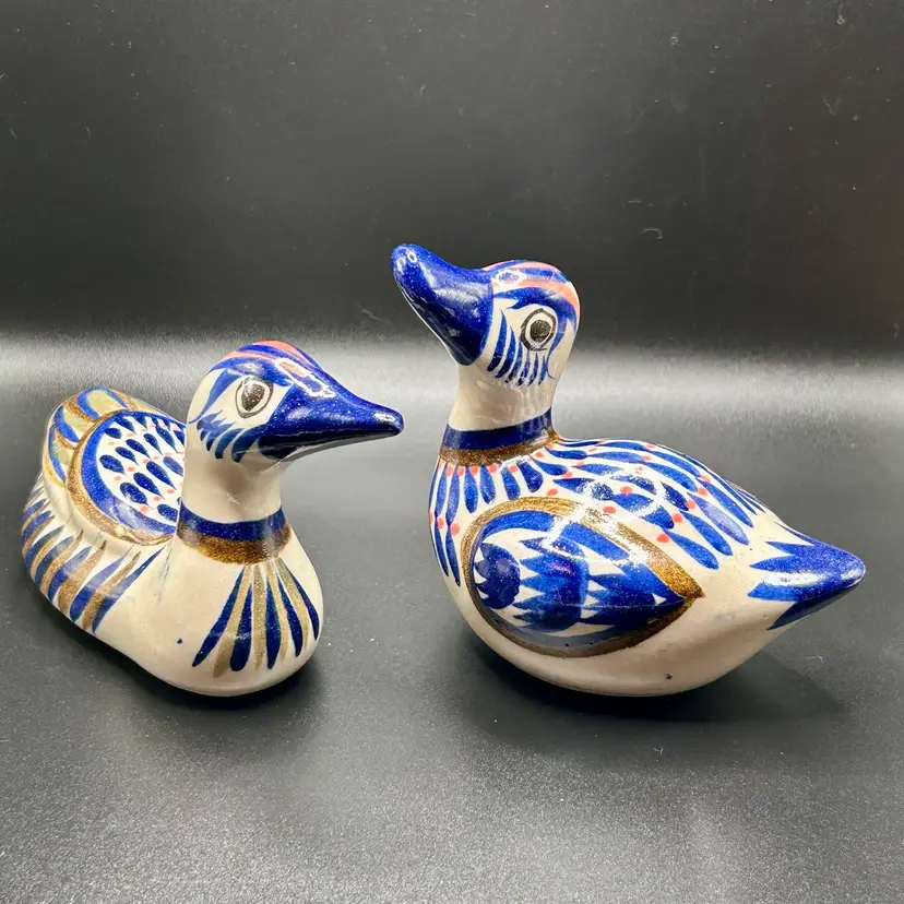 Set of 2 Tonala Pottery Hand Painted Duck Made in Mexico Floral Blue