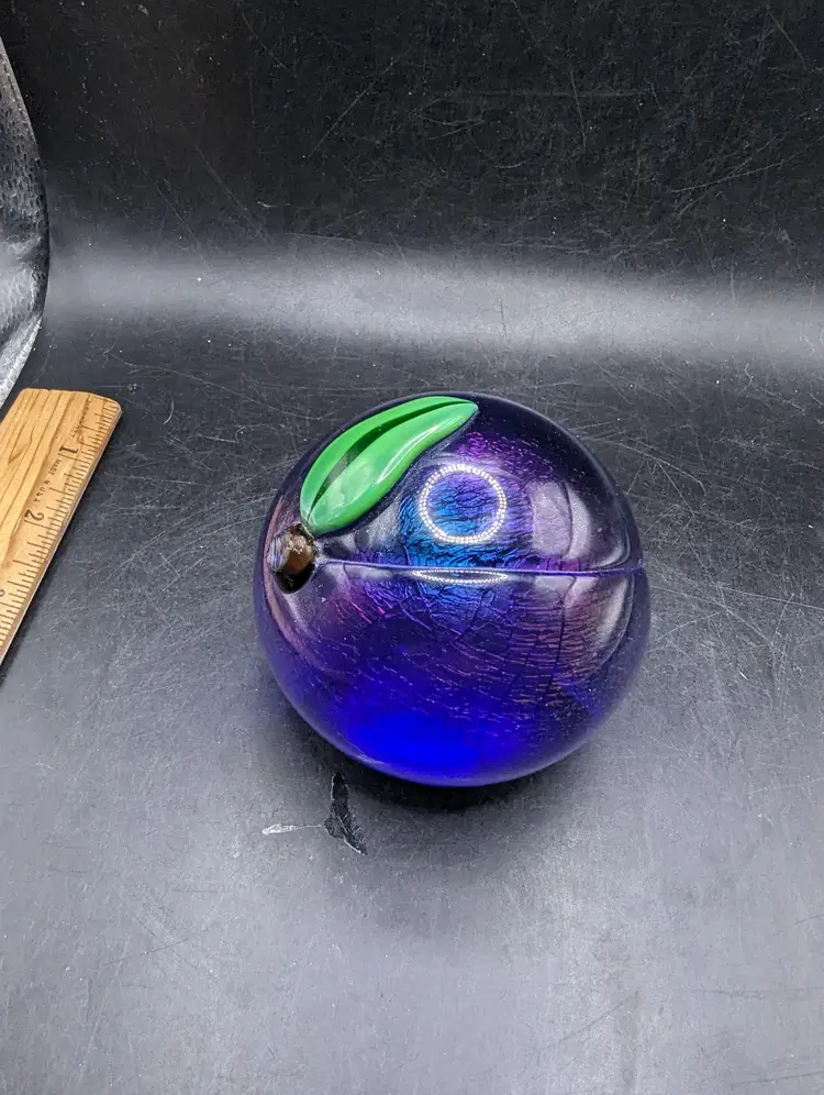 Vintage Orient and Flume Blue Art Glass Fruit Paperweight Signed From Chico Ca As Is.