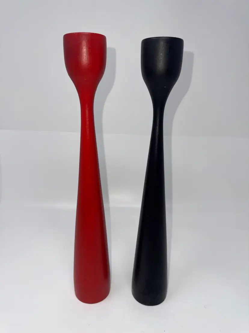 Vtg Mid Century Black & Red Teak Wood Candleholders Illums Bolighus Denmark 12”