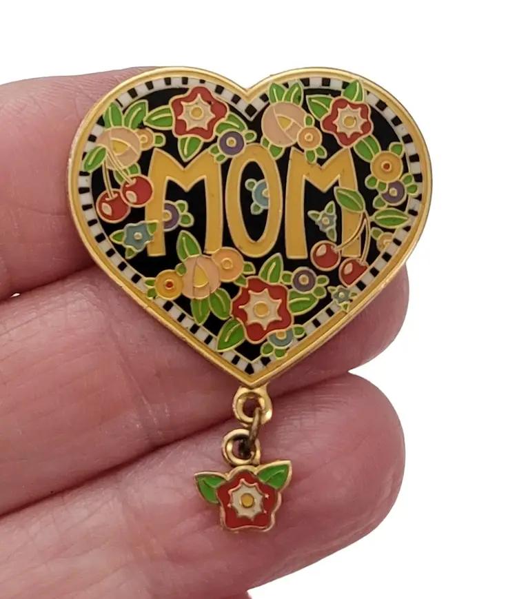 Mary Engelbreit Mom Heart Flower Charm Dangle Pin, Signed E663