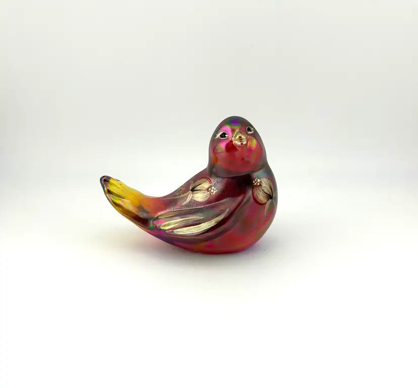 Signed Fenton Iridized Amberina Glass Bird of Happiness 3.75”x 2.75”x 3”