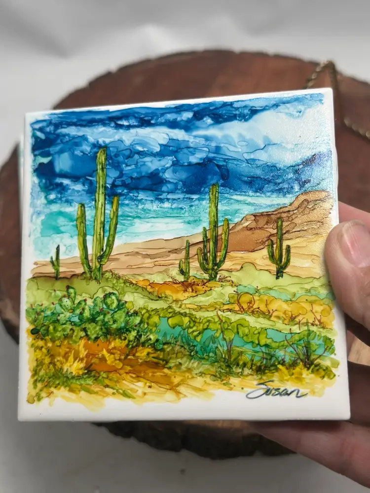 Original Paintings Signed On Tiles Susan Wakefield Desert Southwest Wildflowers 2 Landscape