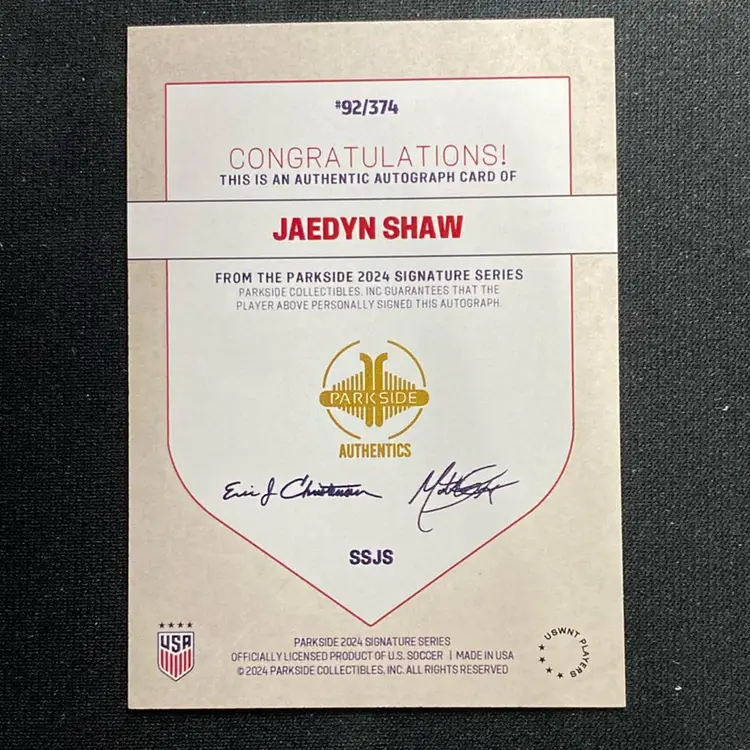 Jaedyn Shaw 1st Cap Auto - #92/374 - Parkside 2023 USWNT Recap - Women’s Soccer