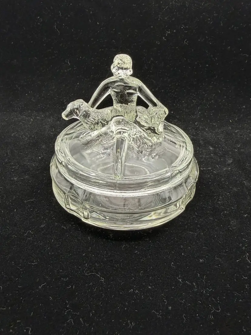Vintage 30’s L.E. Smith "Annette" Clear Glass Powder Jar Dresser/Trinket Box Some Glow