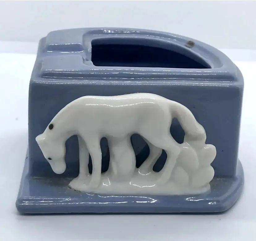 Vintage Blue Ceramic Ashtray With White Horse Figurine On Front Marked Japan