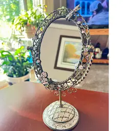 Lovely Cloisonne’ Metal Dresser Mirror with Stand Dragonfly And Flowers 11 1/2”