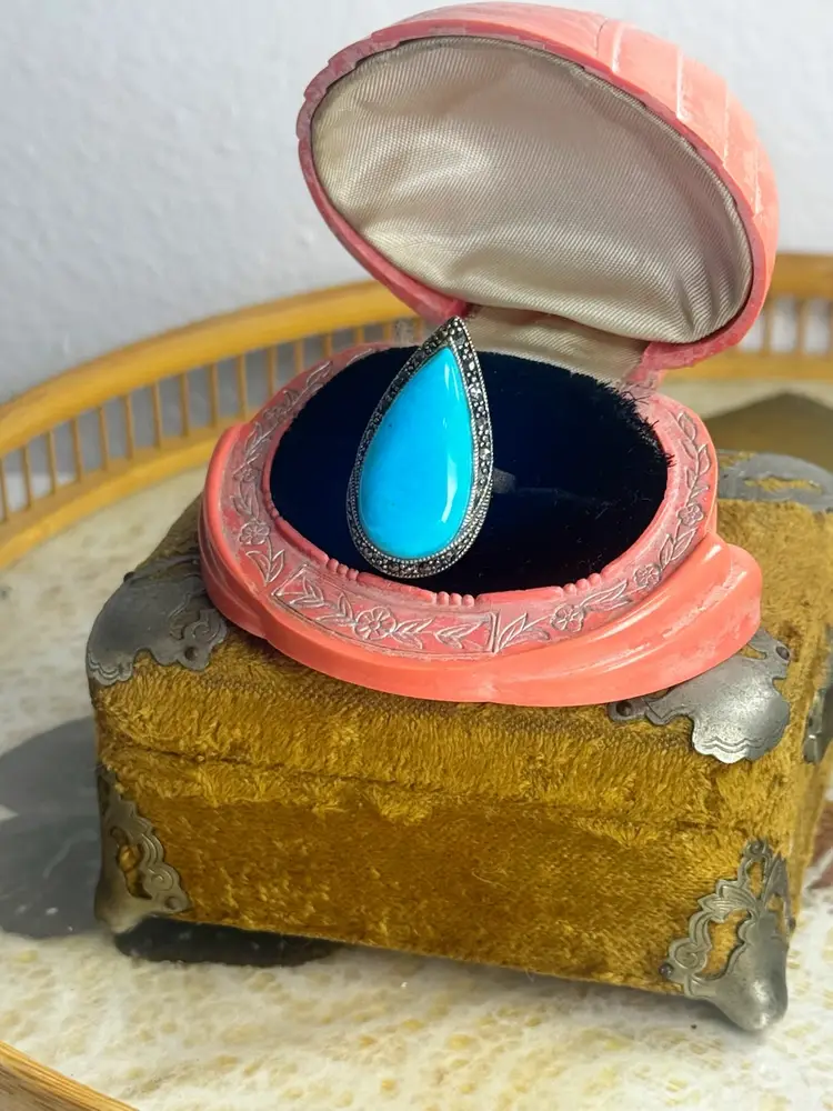 Sterling Silver Blue Gemstone & Marcasite Ring Sz 7.25”