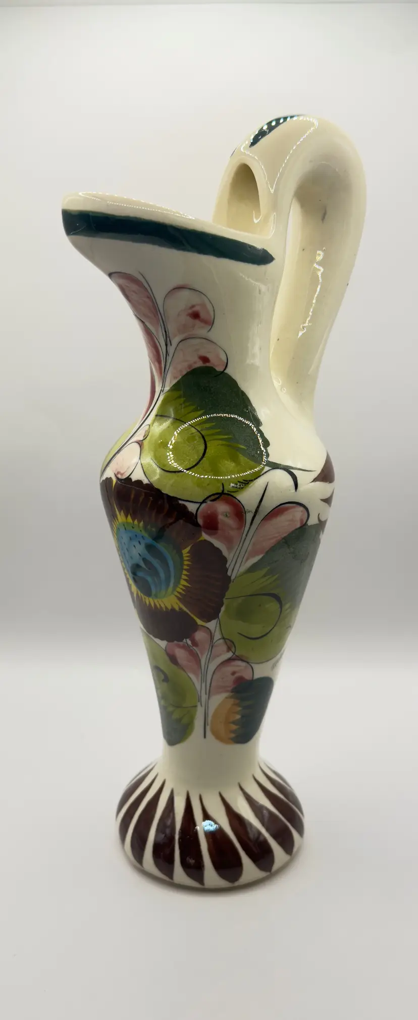 Vintage Mexican Tonala Pitcher Vase Handcrafted Pottery, Colorful Floral Design, Signed Mexico from Chris, Made in Mexico