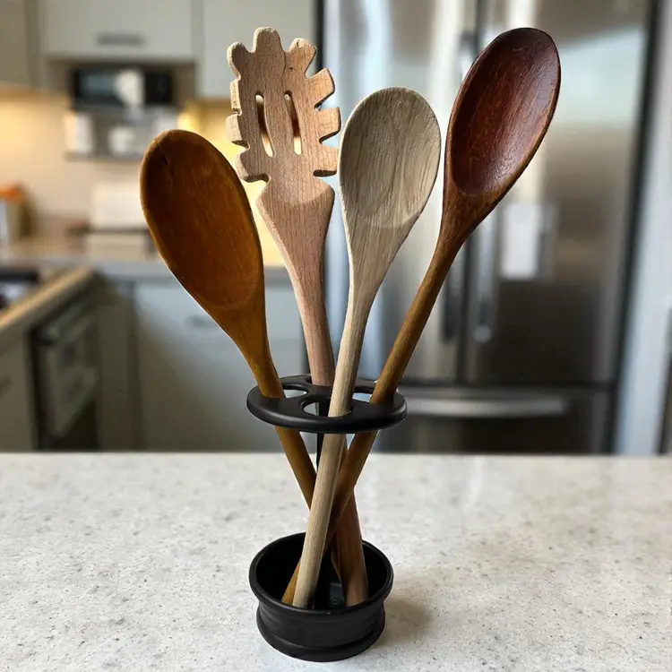 Vintage Wooden Spoons In Metal Toothbrush Holder 11.5 X 7"