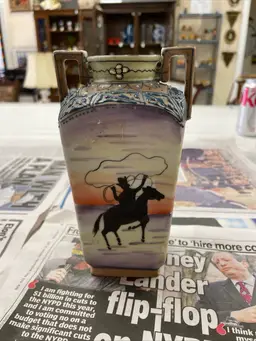 Antique Nippon Hand-Painted Cowboy Double Handle Vase with Intricate Moriage