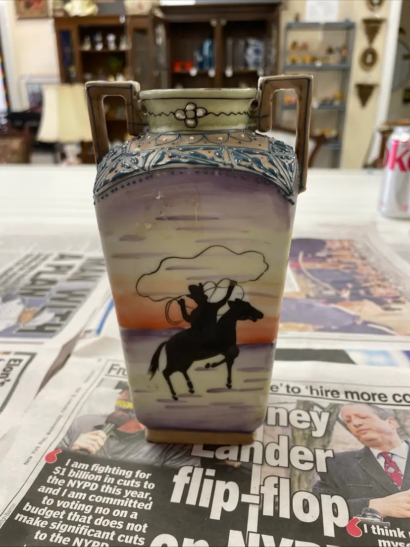 Antique Nippon Hand-Painted Cowboy Double Handle Vase with Intricate Moriage