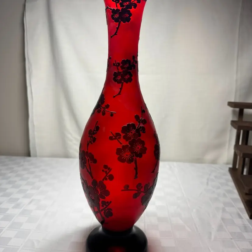 Vintage Peking Glass Tall Red/Black Satin with Black Raised Cherry Blossom Design, 18”x5.5”, Ships Alone