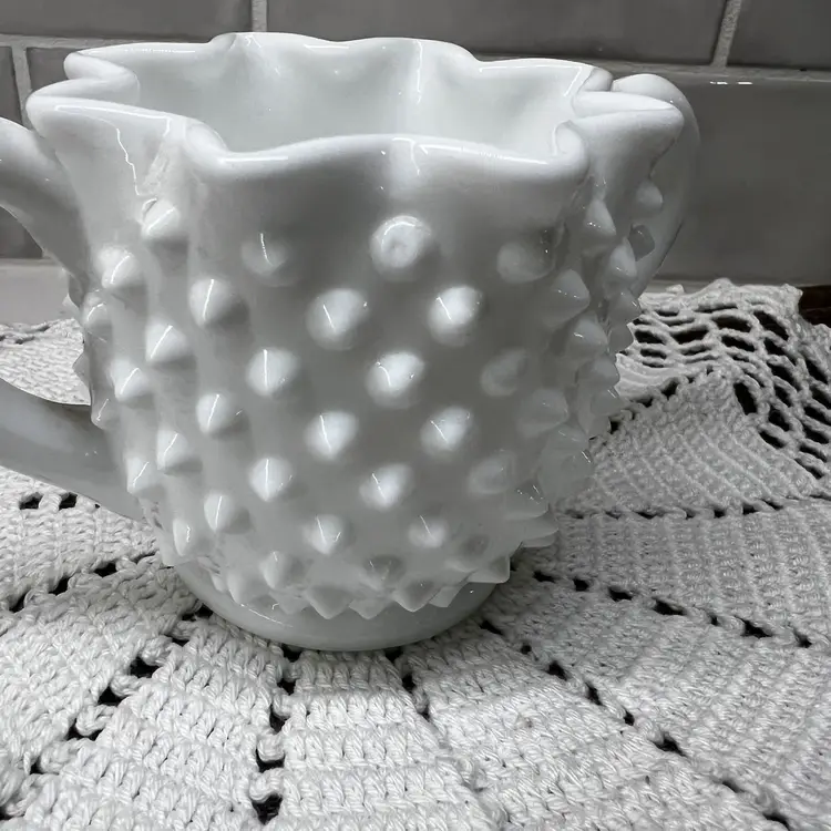 Vintage Fenton Hobnail White Milk Glass Star Double Handled Sugar Bowl