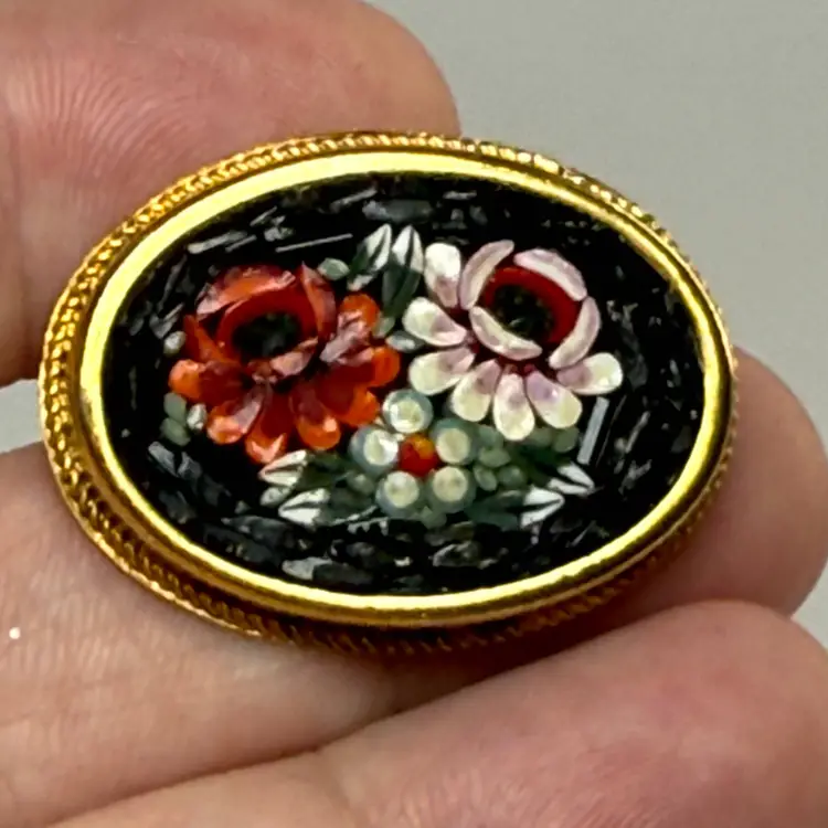 Vintage Micro Mosaic Glass Black Red Pink Oval Flower Brooch Italy Gold Tone