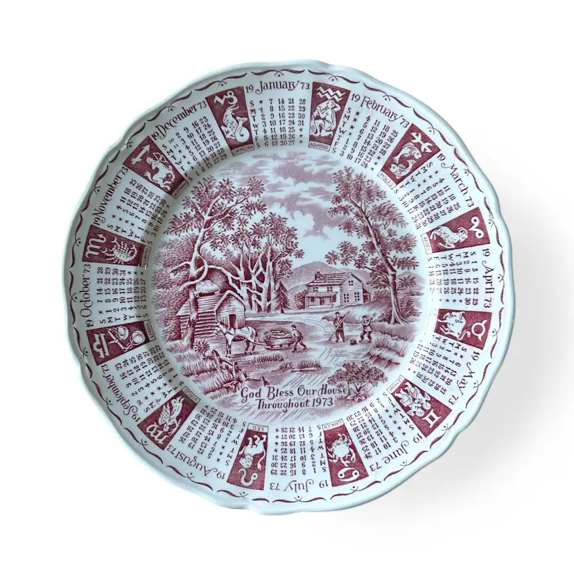1973 God Bless Our Home Collectible Plate Calendar Alfred Meaken Red England