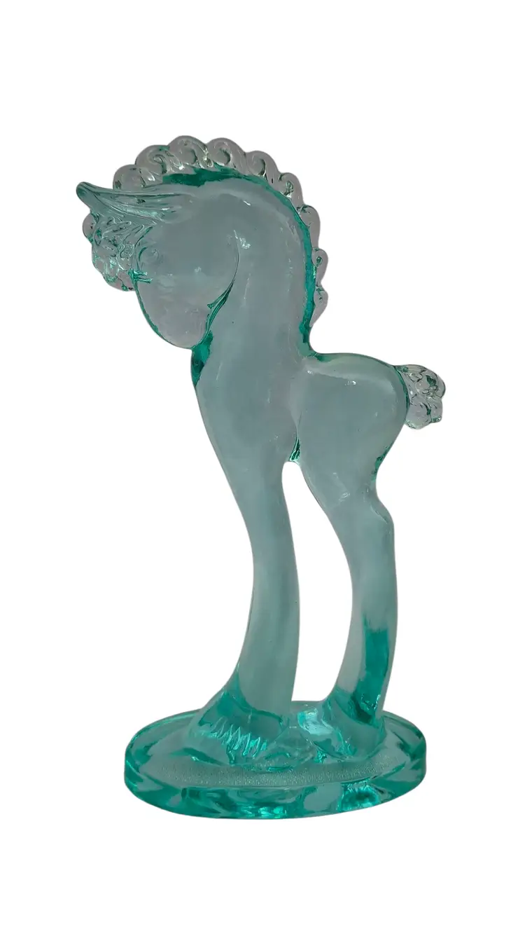 Vintage Aqua Glass Trojan Horse Figurine • UV Reactive Glow Glass • Marked M Mosser Pony • Mid Century Collectible Art Glass Horse Décor