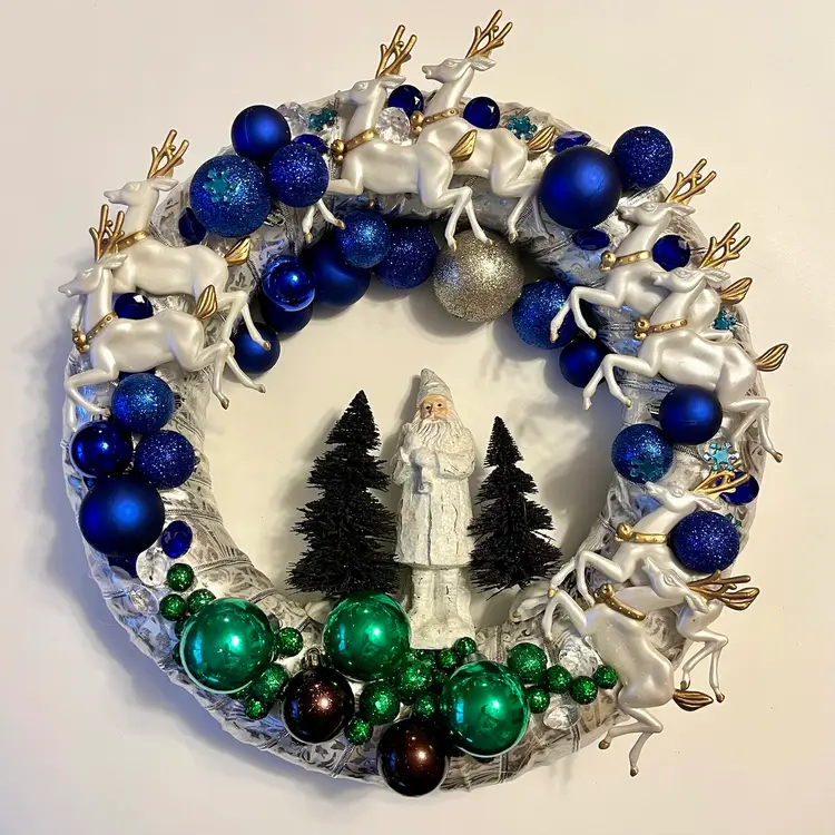 Vtg Ornament Wreath Santa Reindeer CUSTOM 14" Blue White Christmas One of a Kind
