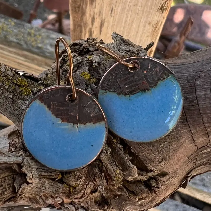 Handmade Blue Enameled Penny Organic Copper Earrings