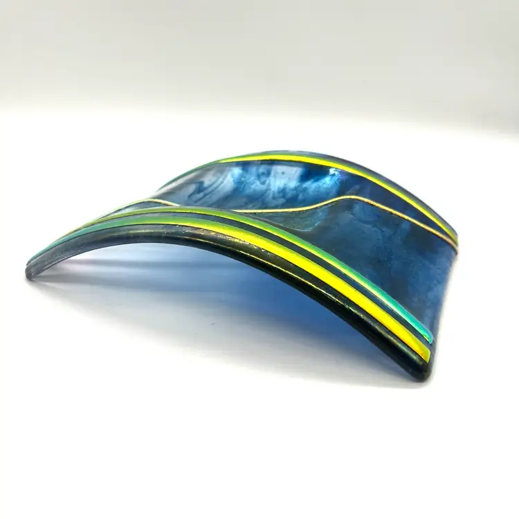 Dichroic Fused Art Glass Candle Bridge Squared Holder Blues  and Gold with Green Shift