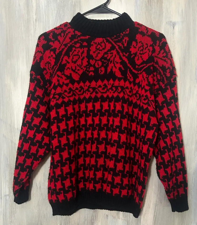 Vintage Adele Knitwear Black and Red Rose Houndstooth Design Acrylic Oversized 80s Sweater Large