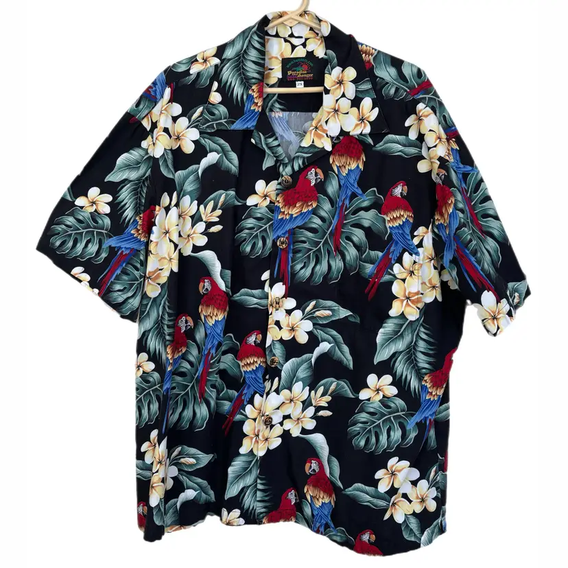 Paradise Hanger XXL Hawaiian Shirt Blue Parrots Floral Made USA Vintage