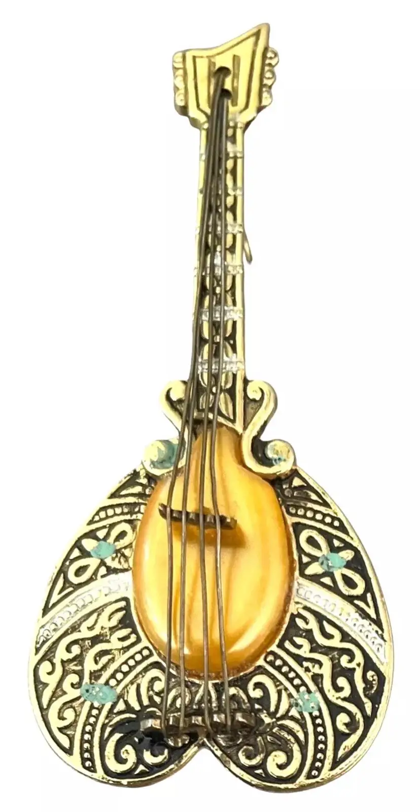 Damascene Mandolin Amber Color Lucite Brooch/Pin Made In Spain 2.25” L