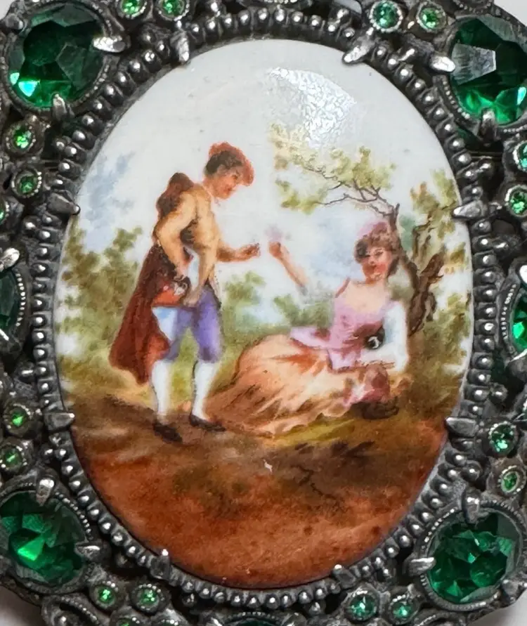 Vintage H. Pomerantz & Co. N.Y. Green Rhinestone Art Deco Victorian Revival Pot Metal Brooch Pin