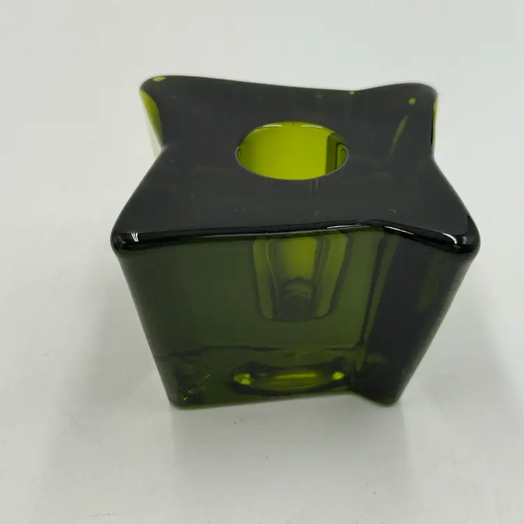 Viking Art Glass Avocado Green Astra 4 Pointed Star Two Taper Vintage MCM Candle Holders