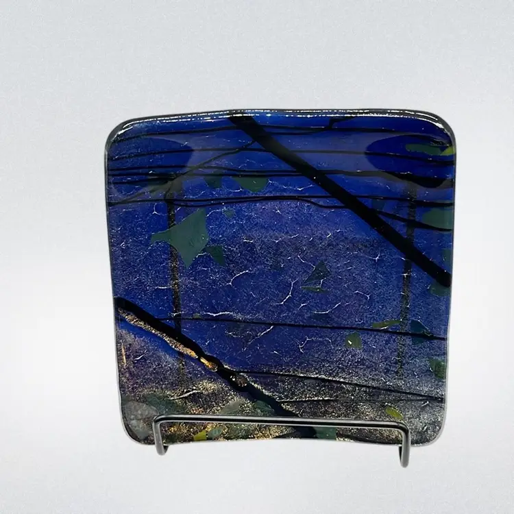 Fused Dichroic Blue Art Glass Trinket Dish w/ Box | 5”