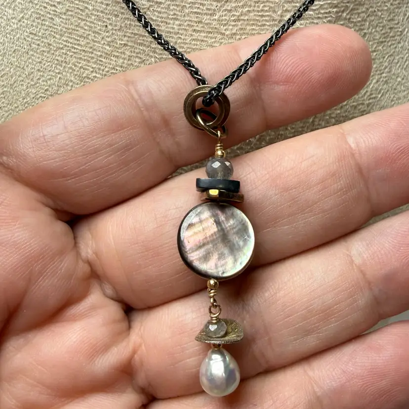 Sterling Silver 925 Italy 18" Artisan Necklace w/ MOP Coin & Genuine Pearl Hallmarks