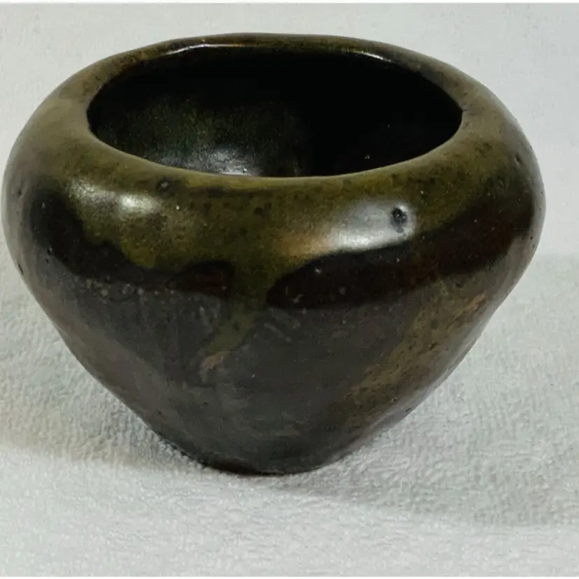 Artist Signed Drip Glaze In Green Brown Tone Studio Pottery Pitcher Planter Vase Vessel