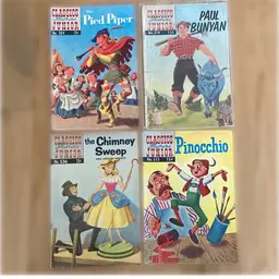 Set Of 4 Classics Illustrated Junior Comic Books Pinocchio, Paul Bunyon Pied Piper + 1950’s