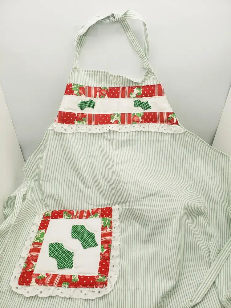 Full Adult Apron Handmade Strawberries, Pocket, Pinstripes, Christmas, Quilted. Quality hand-sewn apron. Measures about 29" l