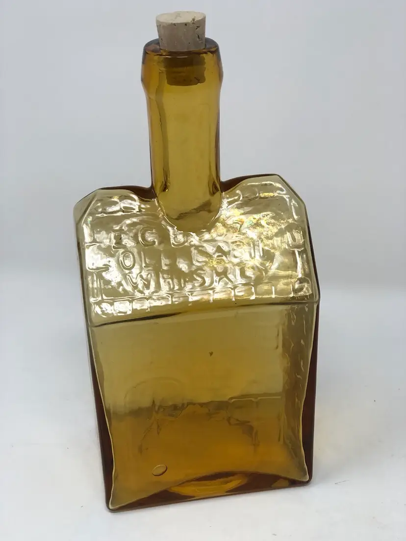 E. C. Booz's Old Cabin Whiskey Bottle Hand Blown Yellow Glass