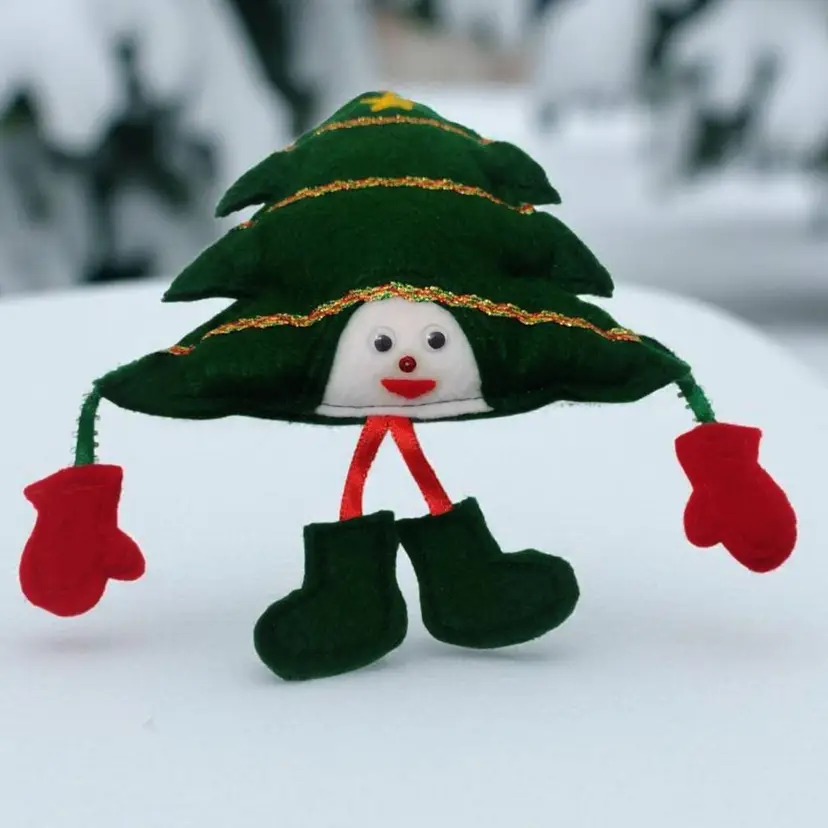 Vintage Anthropomorphic Felt Christmas Tree Ornament Kitsch Googly Embroidered