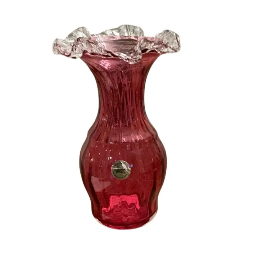 Hand Blown Cranberry Vase With Clear Ruffled Top Rossi Glass Niagara FallsON Canada 8” X 5”