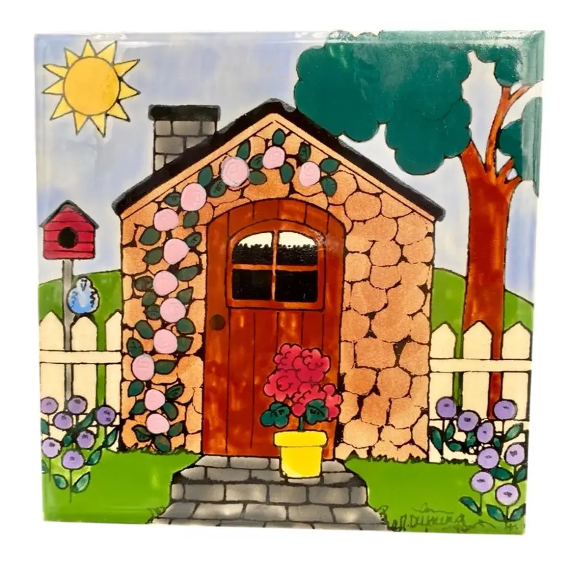 Vintage H&R Johnson Tile, England, Ceramic Tile 6" x 6" "Gardening Spring", Signed