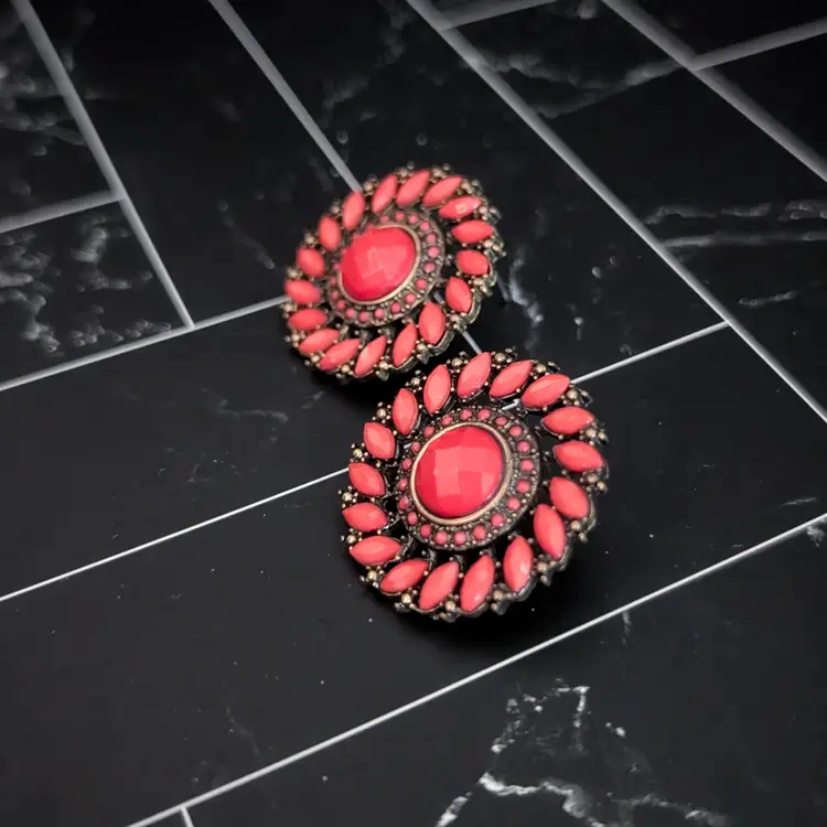 Vintage Stud Earrings Large Red and Dark Tones Statement Circle Earrings