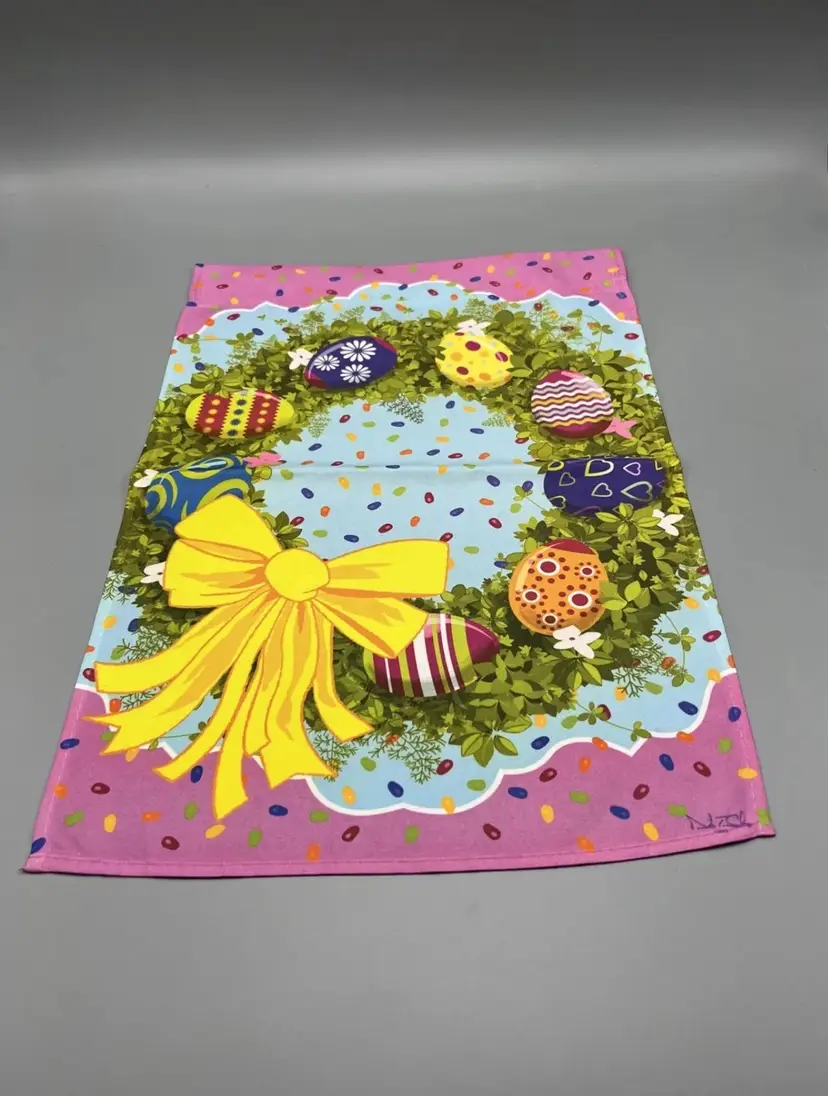 Easter Egg Wreath Garden Flag 12" X 18"  Two Sided Bright Multicolored Signed