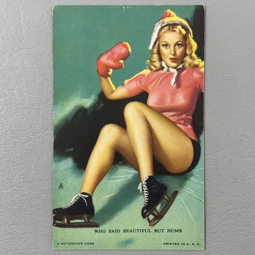 Vintage Mutoscope Pin Up Ice Skater Card Who Said Beautiful But Numb Risque Art