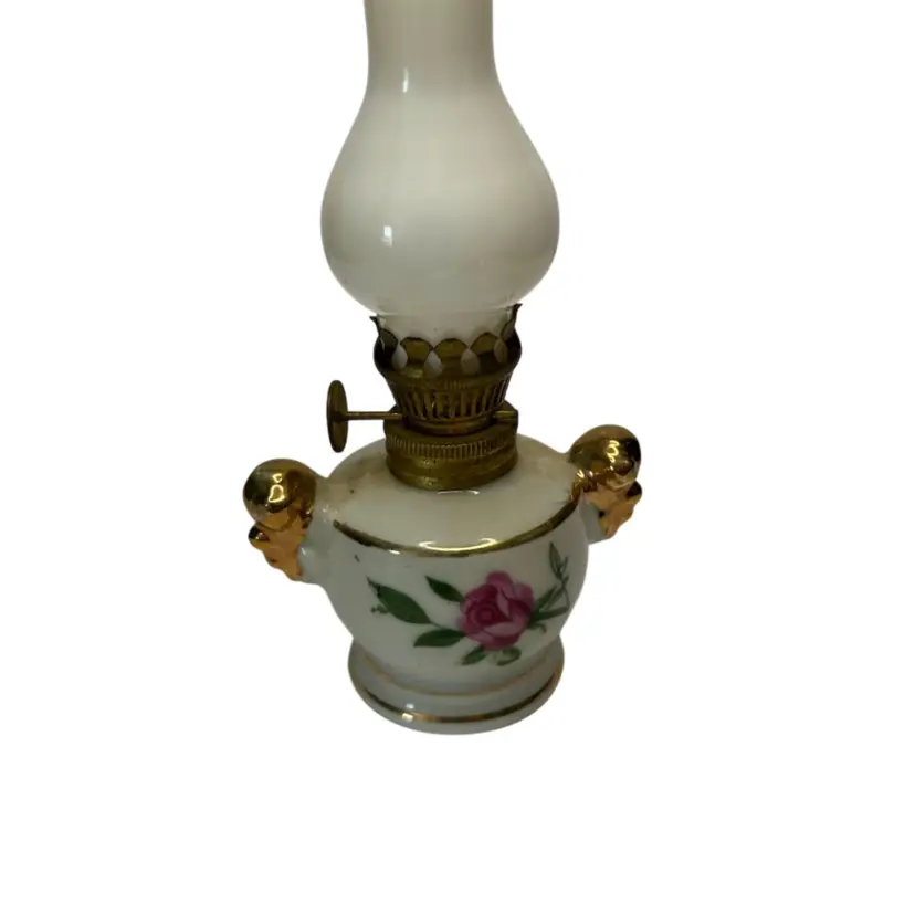 Vintage Miniature Porcelain Oil Lamp Hand painted Rose Motif Wear On One Rose, Some Flea Bites On Glass Lampshade, Wick Sticks @4 3/4” Tall