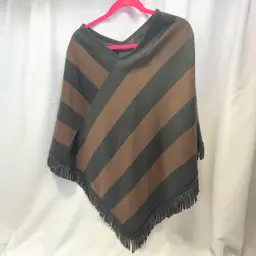 #1741 Lennie by Nina Leonard, Brown and Black Striped Poncho, Fringed, Unlined, One Size 100% Acrylic