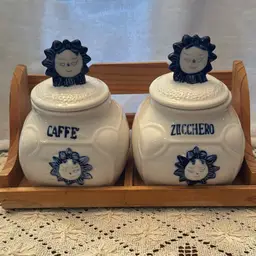 Zucchero & Caffe’ Sugar & Coffee Ceramic Canisters With Wooden Rack