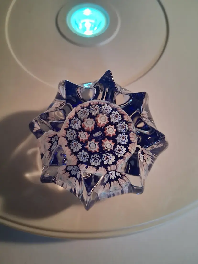 Gorgeous, Scarce, St. Kilda by John Deacons Millefiori Art Glass Concave 8 Point Star Paperweight