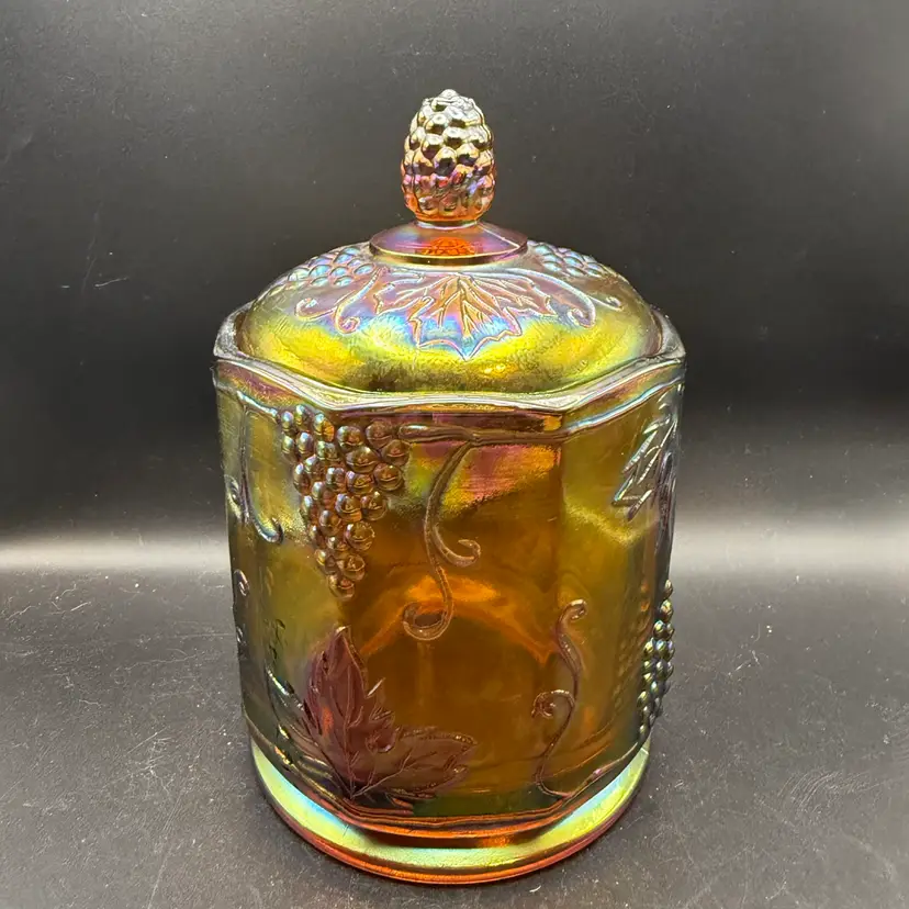 Indiana Carnival Glass "Harvest Grape" Iridescent Amber Biscuit Jar
