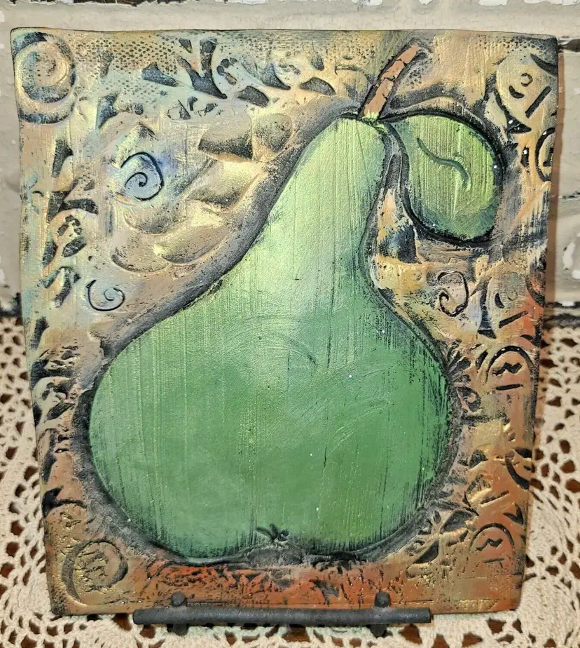 Signed Raised Ceramic Kitchen Metal Plaque Wall Art Fruit Pear w/ Hanger
