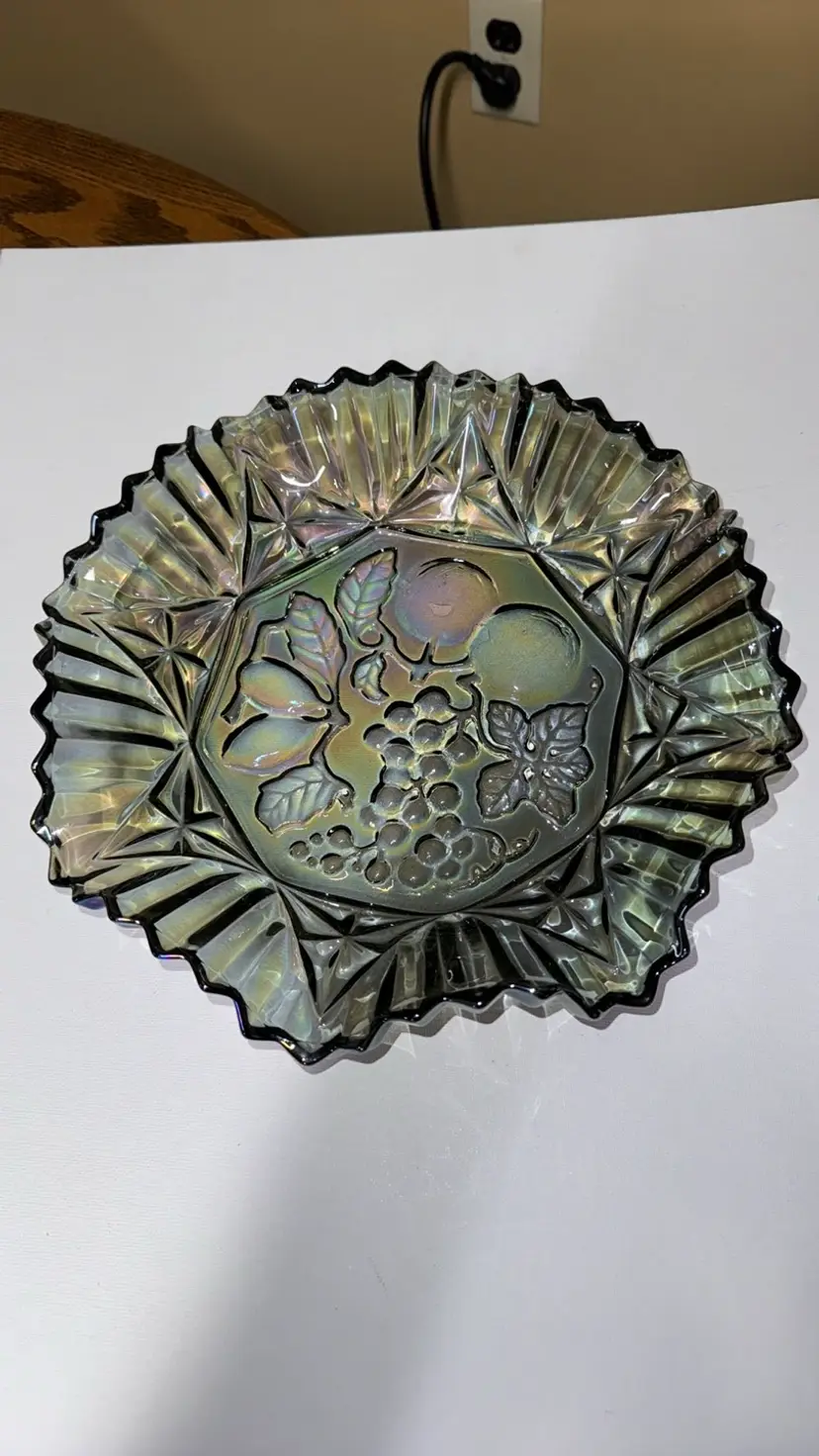 Federal Carnival Glass Smoky Charcoal Dish Fruit Ruffled Edge Iridescent
